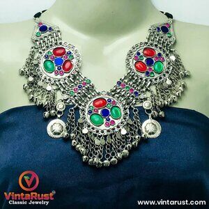 Afghan Three Rings Necklace With Red and Green Glass Stones, Kuchi Tribal Bib